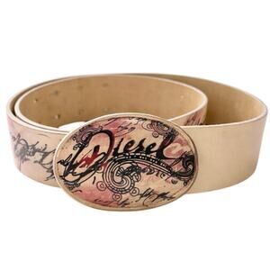 Diesel Y2K Wide Leather Belt Cream Graphic Buckle 36 Made in Italy